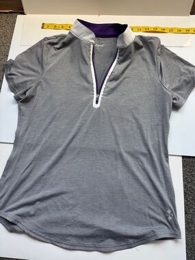 Jofit Gray Short Sleeve Button-Down Golf Polo with Purple Trim